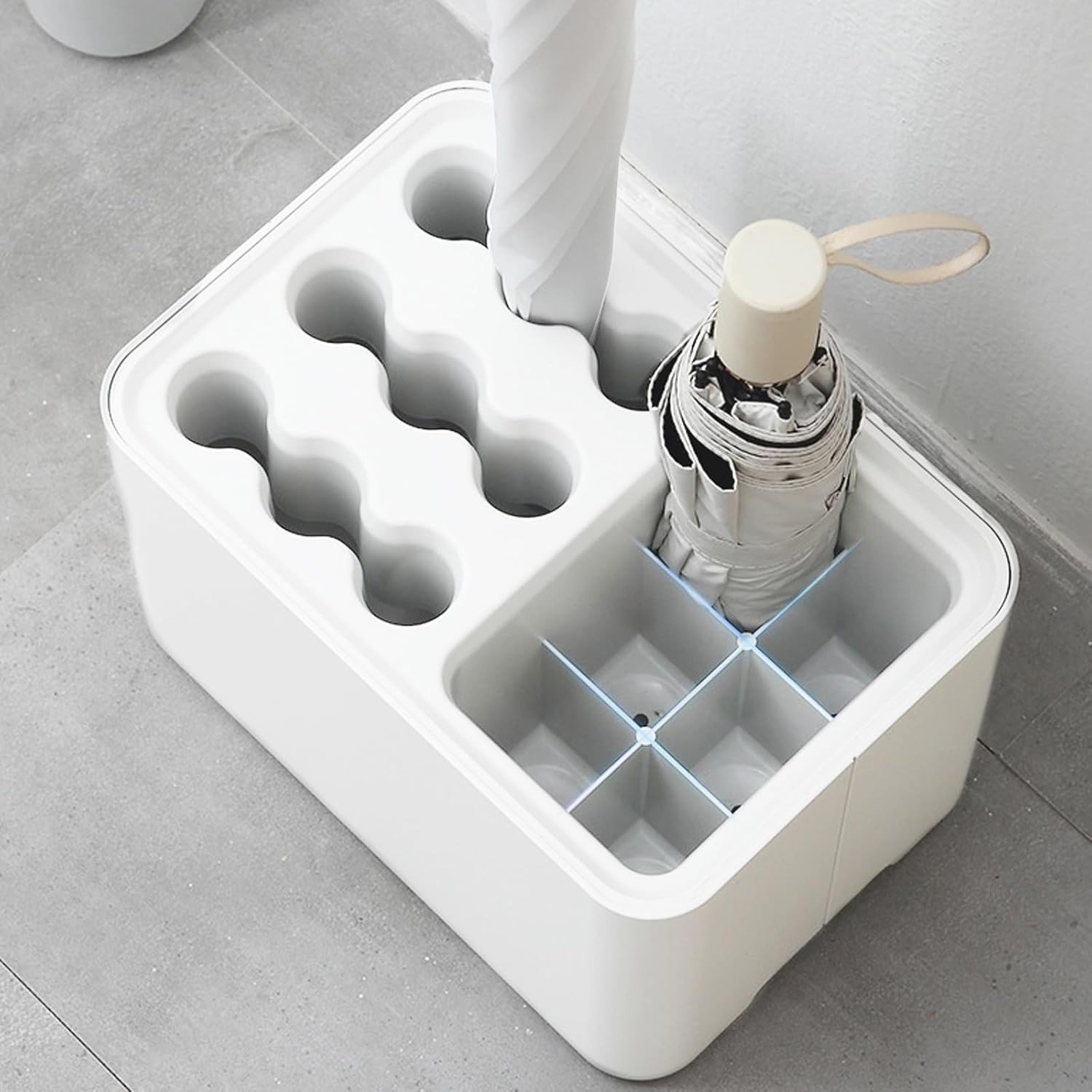 VANZACK Wall-Mounted Umbrella Rack and Holder, White Nordic Style Household Umbrella Shelf with Storage Tray, Space-Saving Entryway Organizer for Home and Office Use