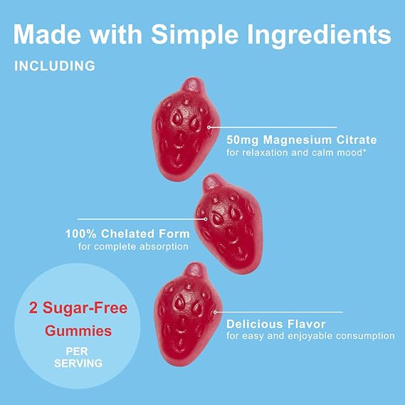 Kids Magnesium Gummies for Age 2+, 120 Count | Sugar Free Strawberry Flavor | Calm Magnesium Citrate Gummies for Sleep, Relaxation, Muscle, Bones, Mood Support* | Non-GMO, Gluten Free