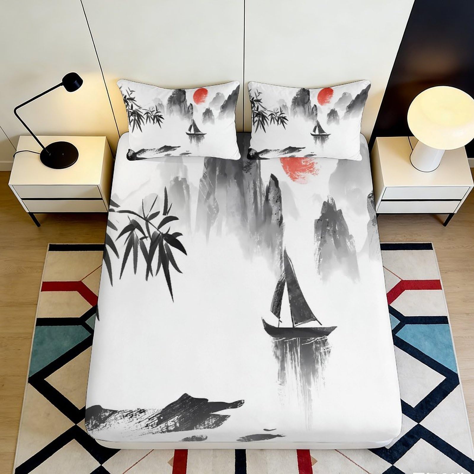 3D Printed Chinese Ink Landscape Fitted Sheet Microfiber Soft Mountain River Boat Mattress Cover for Bedroom Decor 180x200x25cm