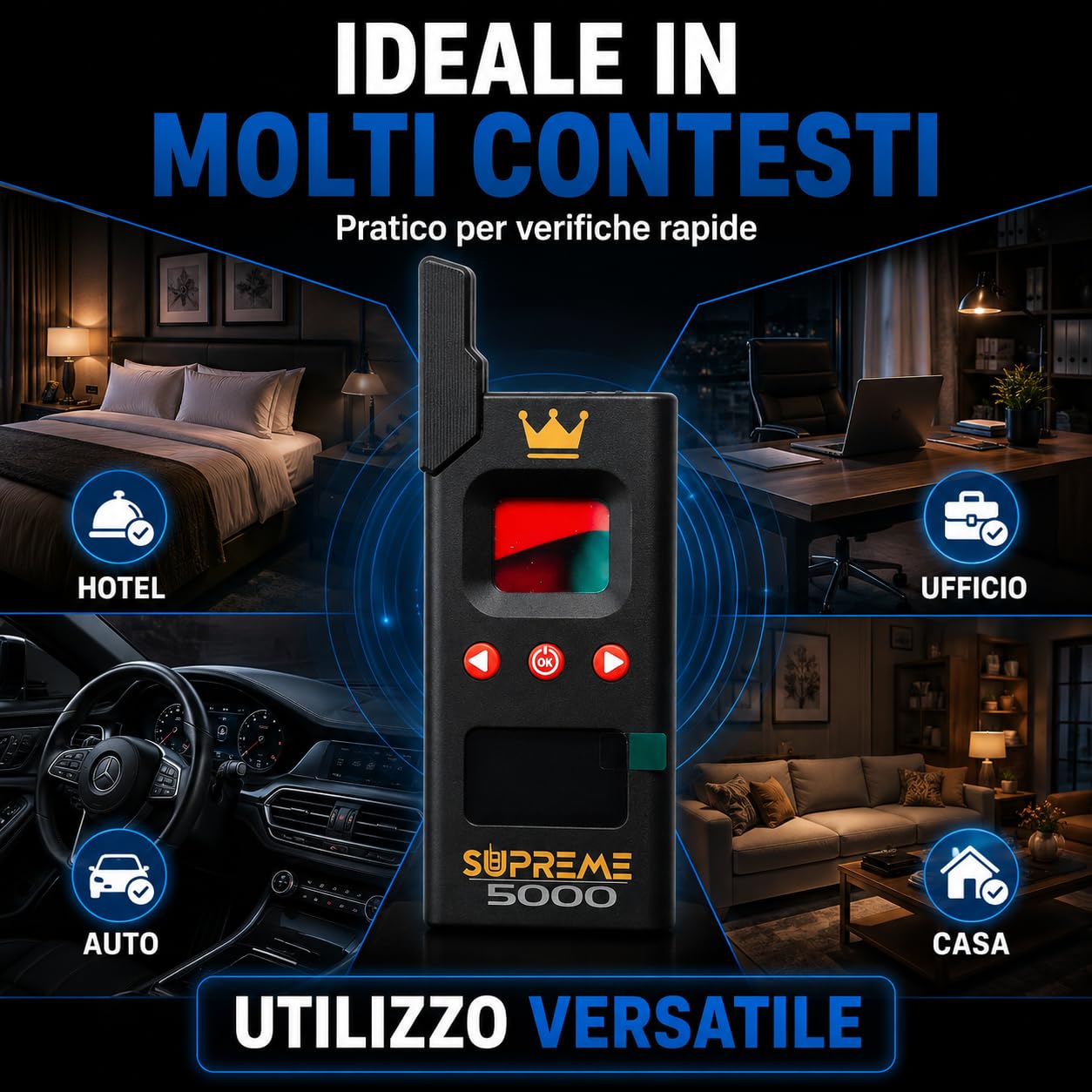 Rilevatore Professionale di Microspie, Telecamere Nascoste e GPS - Dispositivo Portatile Avanzato con Alta Sensibilità per Rilevare Segnali Wireless in Auto Uffici Casa - Supreme 5000