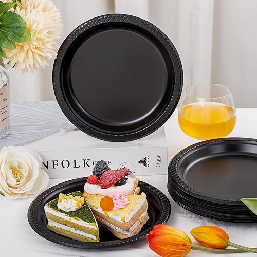 Miniatura 7 de WELLIFE Platos de postre negros de 7 pulgadas, 150 unidades, platos de postre de plástico desechables para fiestas, pasteles, ensaladas, picnic,