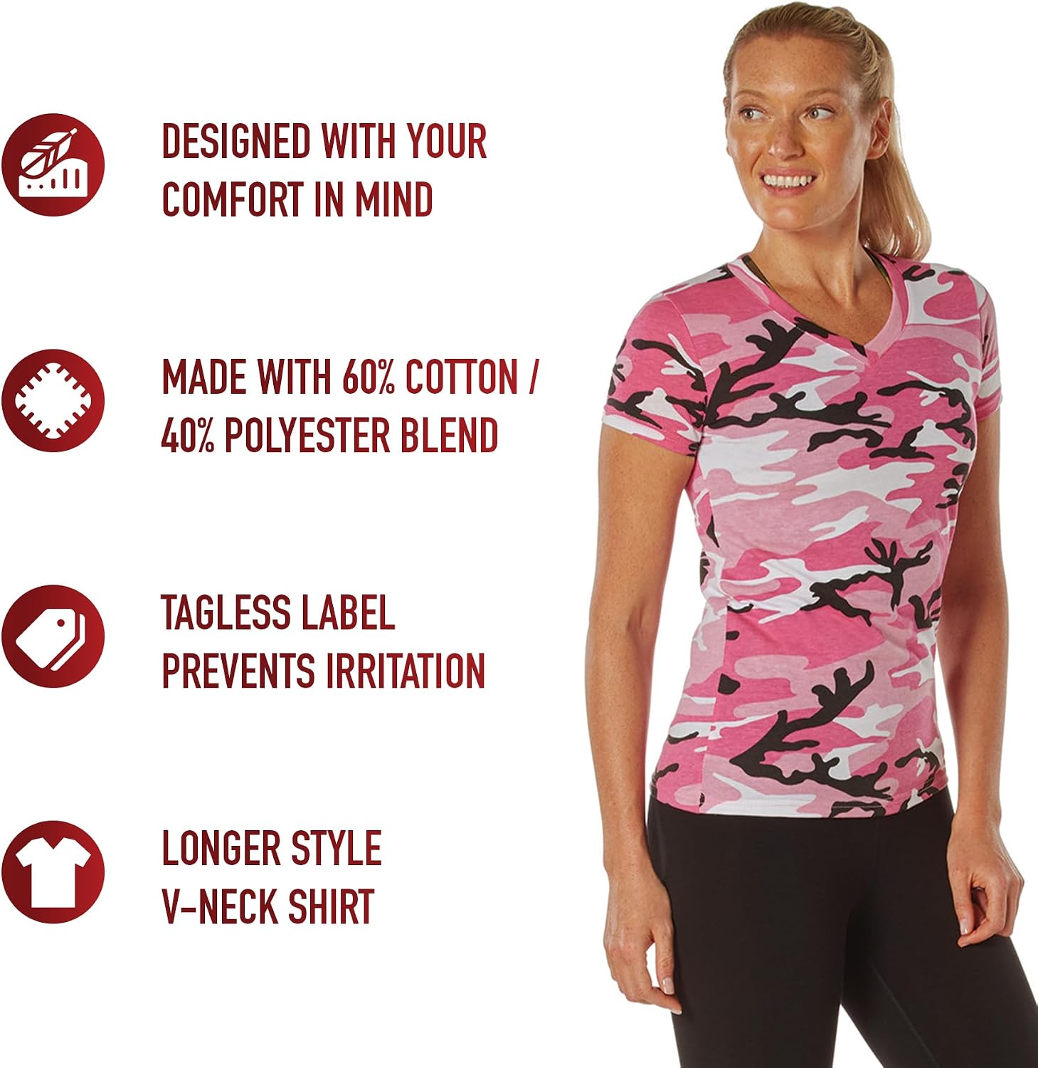 Rothco Women's Camo T-Shirt – Long Length V-Neck Camouflage Tee – Comfortable Soft Stylish Top