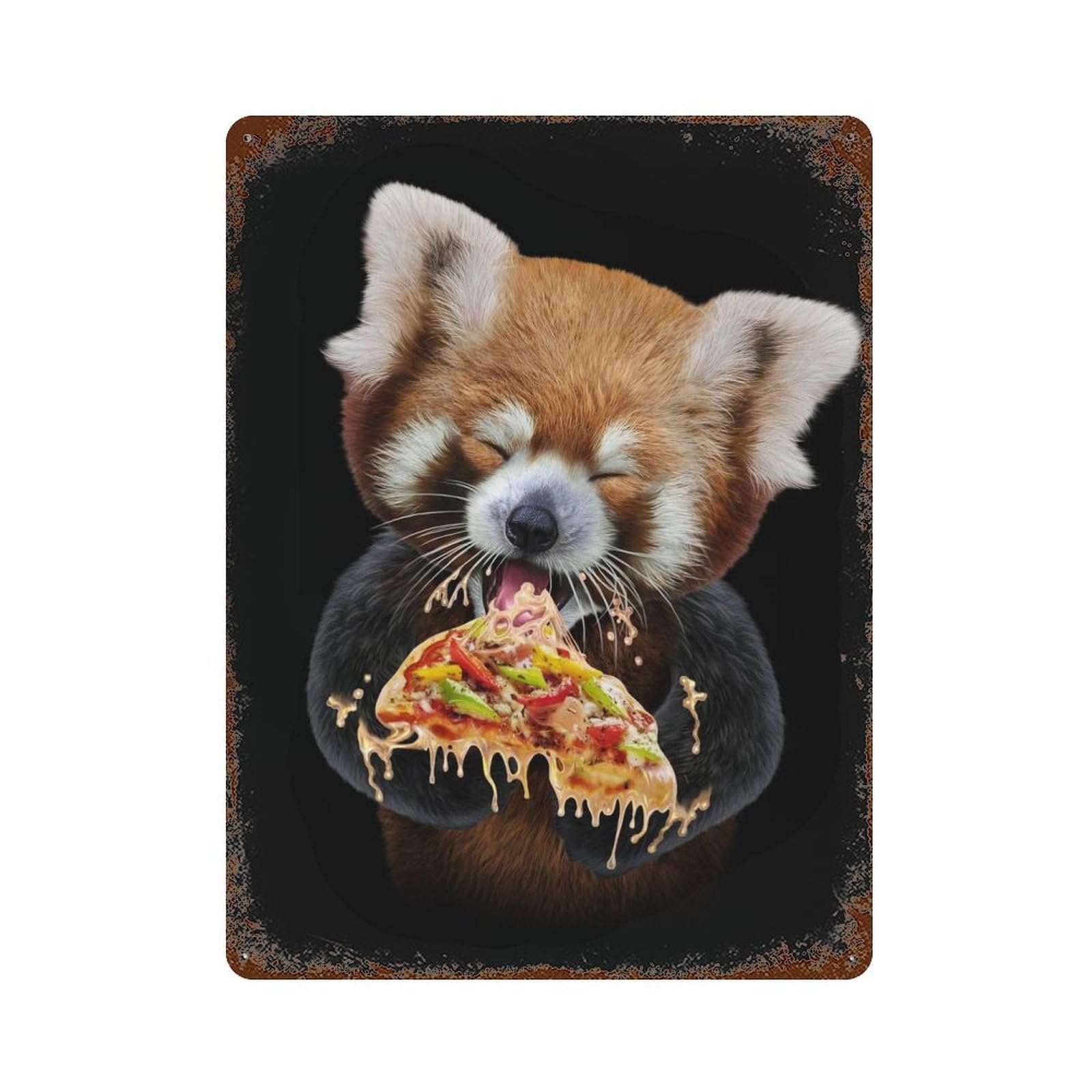 Cute Red Panda Love Pizza 15.7"x11.8" Aged Metal Wall Plaque, Retro Wall Decor for Farmhouse, Kitchen And Entryway Decor