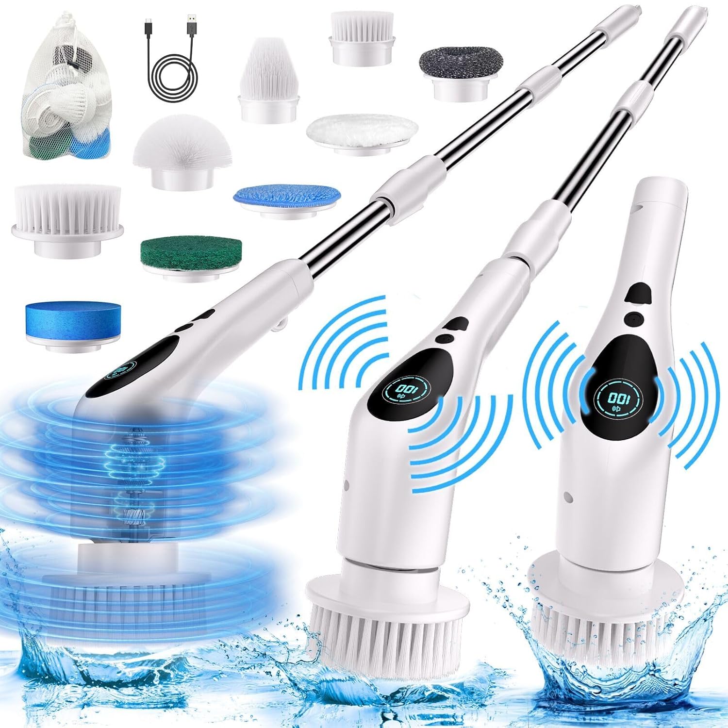 Electric Spin Scrubber Electric Spin Cordless Tub and Tile Scrubber with Voice Broadcasting 3 Speed 9 Replaceable Clean