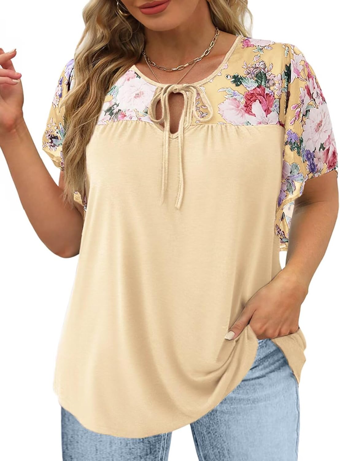 DOLNINE Women's Plus Size Tops Casual Summer Boho Floral Tunics Ruffle Sleeve Crewneck Loose Blouses Shirts