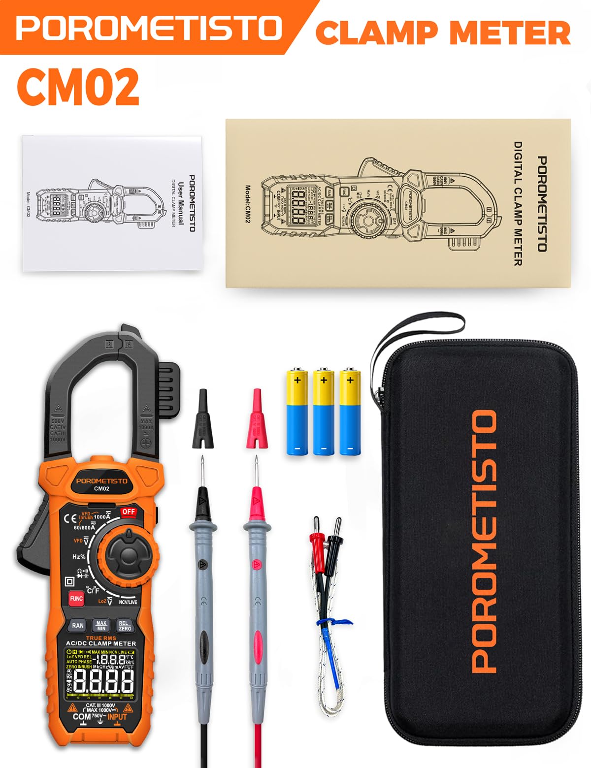 AC/DC 1000A Stromzange, Counts 6000 TRMS Strommesszange CM02,Zangenamperemeter mit VFD/LOZ-Modus,Multimeter zum Messen von AC/DC,Strom,Spannung, NCV,Frequenz,Temperatur und Kapazität