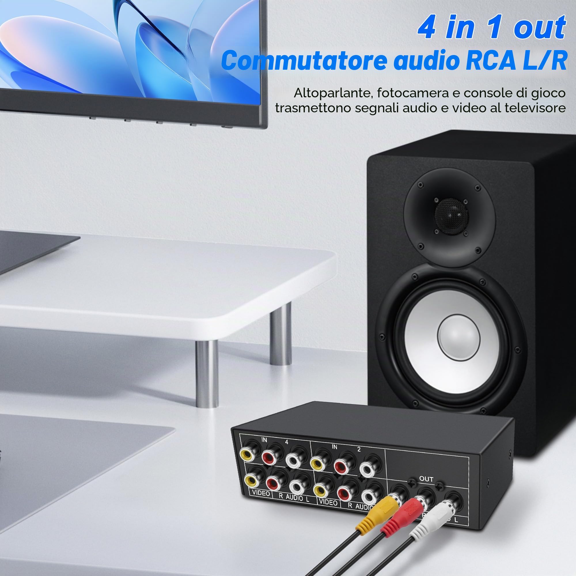 XMSJSIY AV RCA Switch 4 In 1 Out Video Composito L/R Stereo Audio Video Selettore Box 4 Porte Box per HDTV DVD STB PS2/3
