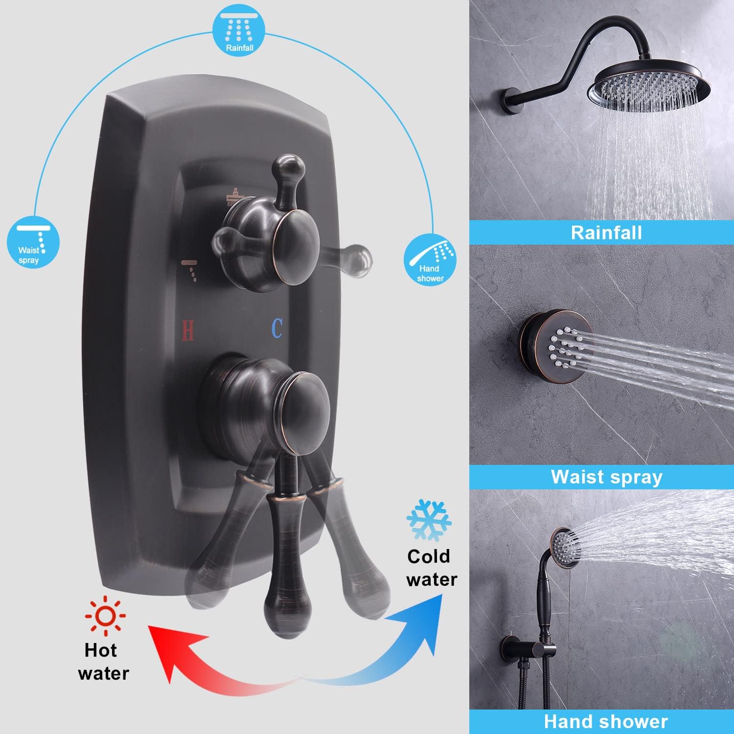 Oil Rubbed Bronze Antique Three-function Concealed Copper 3 Way Outlet Shower Diverter Valve Faucet Mixer Rough-in Valve Trim Kit