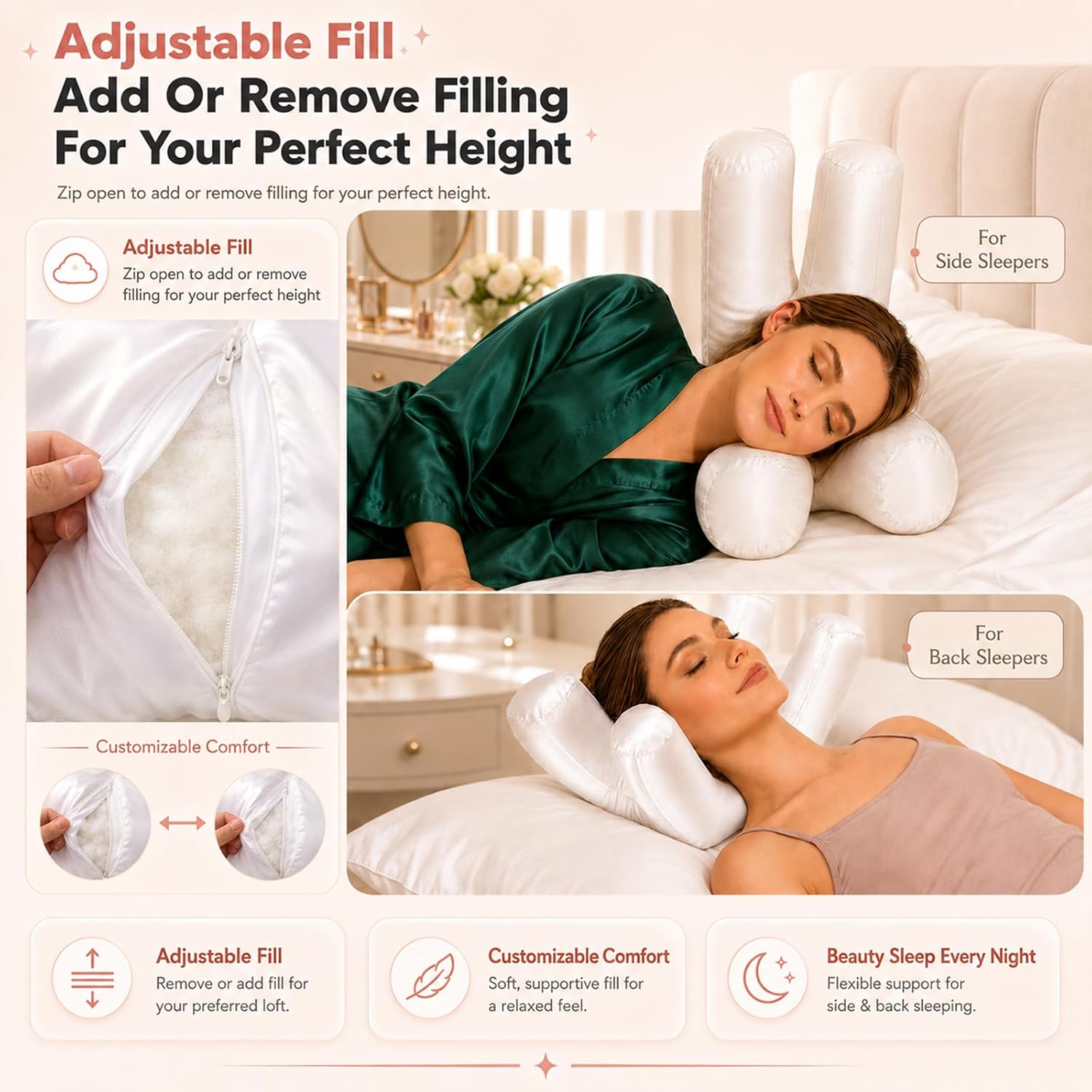 Wrinkle Free Pillows for Side Sleepers, Satin Beauty Sleep Pillow with 4-Arm Face Cradle, Cheek Cutouts, Adjustable Down-Cotton Fill, Skin Hair Lashes, Neck Support, Gifts for Mom, Girlfriend, Women