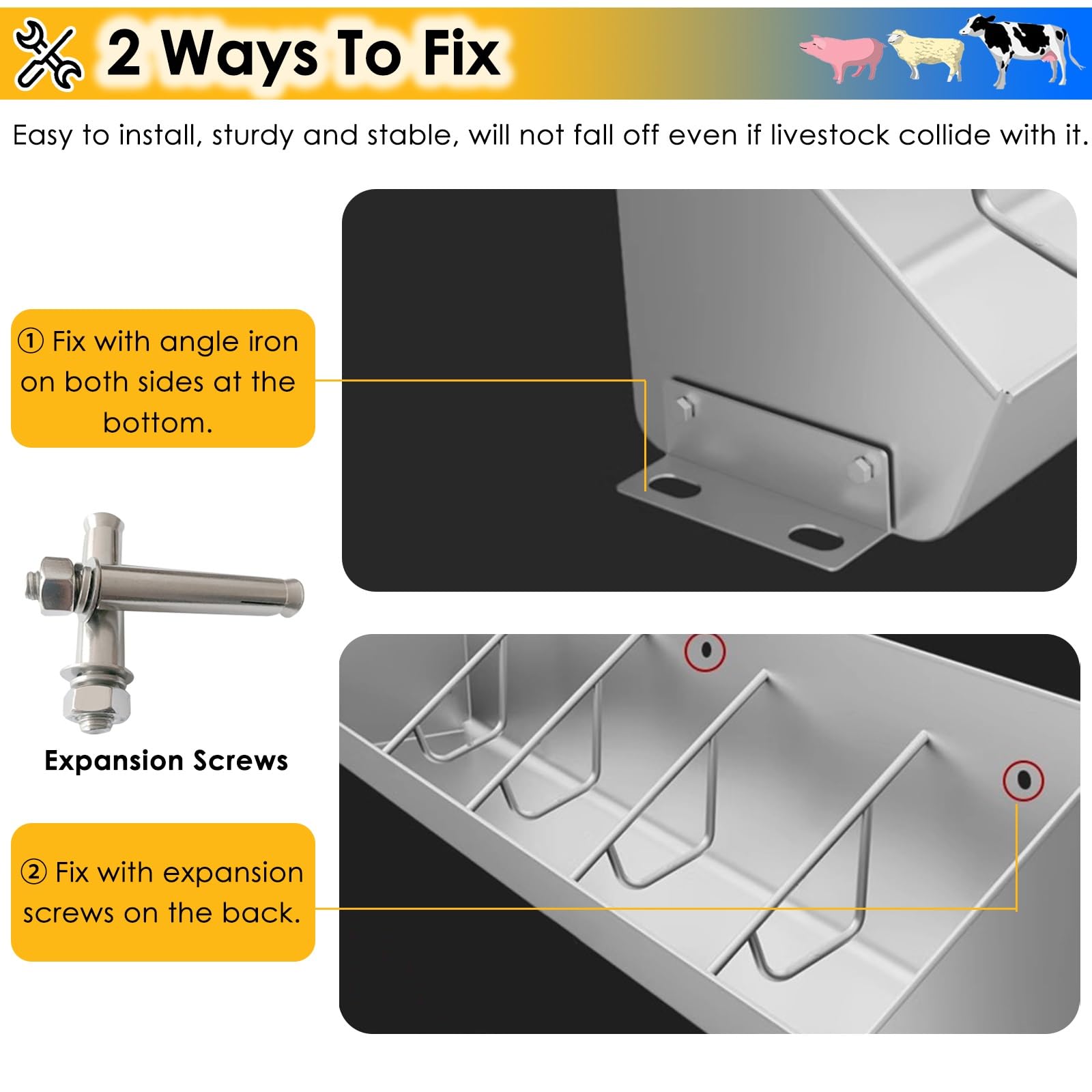 Set di mangiatoie per suini, robuste mangiatoie in Acciaio Inox sospese/a Terra con recinzioni indipendenti, Adatte per stalle di bovini, Ovini, equini e suini.