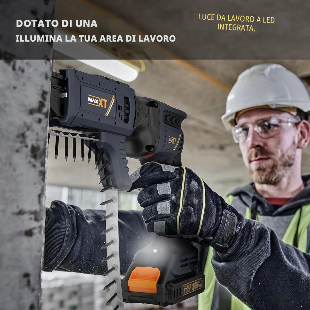 20V Atornillador con tope profundidad, MAXXT Cordless Lithium-Ion Brushless Drywall Screwdriver Autofeed 5000RPM with Collated Drywall Attachment（Included 2.0Ah Battery and Charger