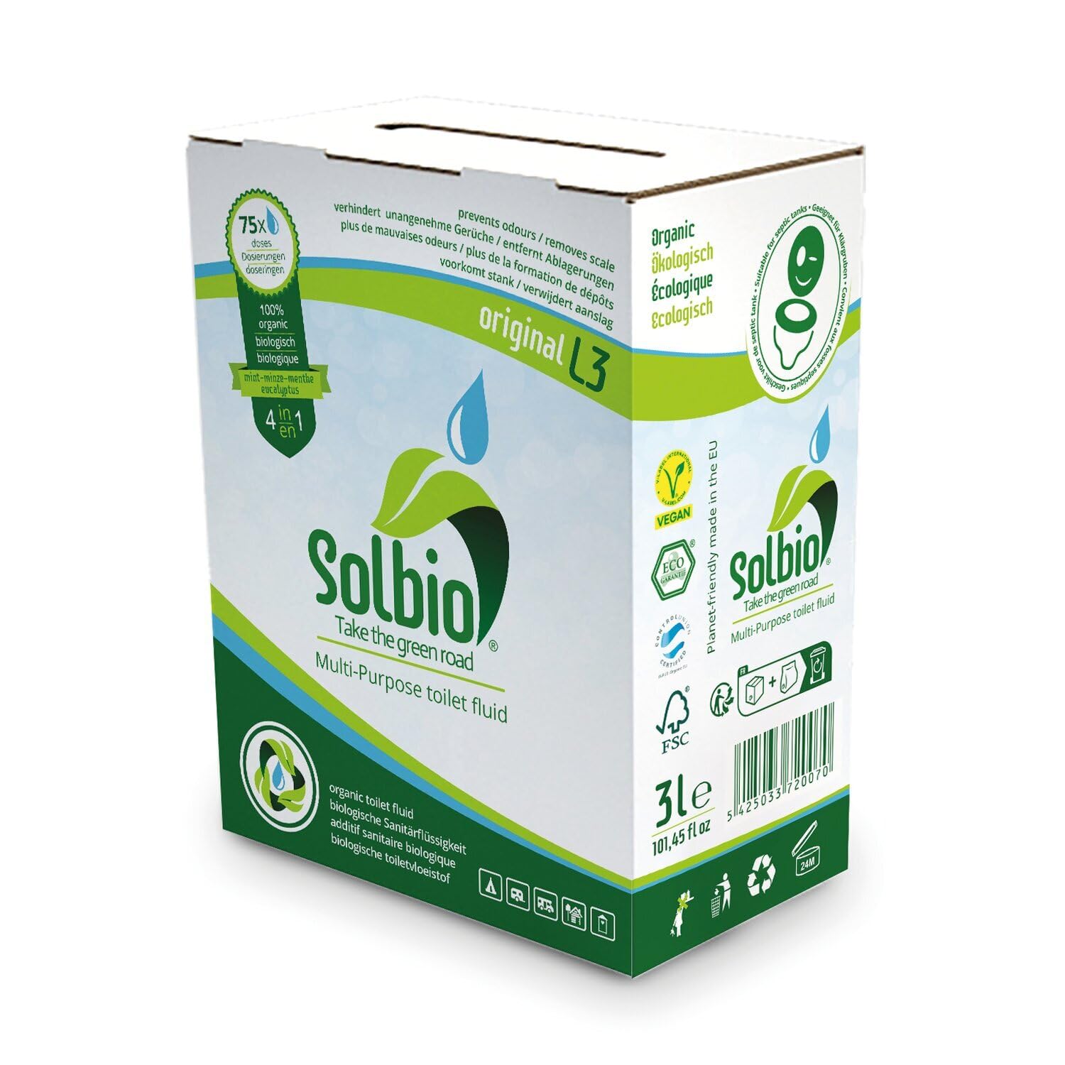 Solbio Líquido sanitario original para inodoro de camping, 3 l, 100% orgánico y vegano, aditivo sanitario biodegradable con aroma a eucalipto, pino y menta