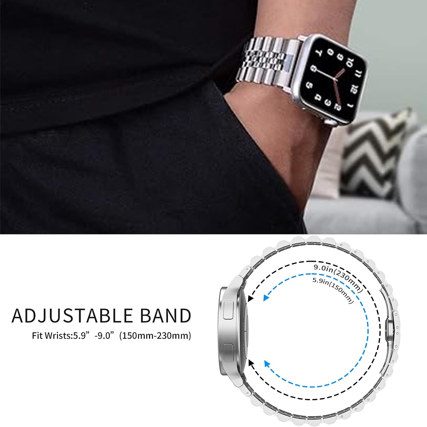 Compatible with OnePlus Watch 3 bands, 18mm, 22mm Solid Stainless Steel Heavy Band with Butterfly Folding Clasp Link Bracelet Compatible with OnePlus Watch 3, 2 46mm / 2R / 1 / 43mm Smart Watch