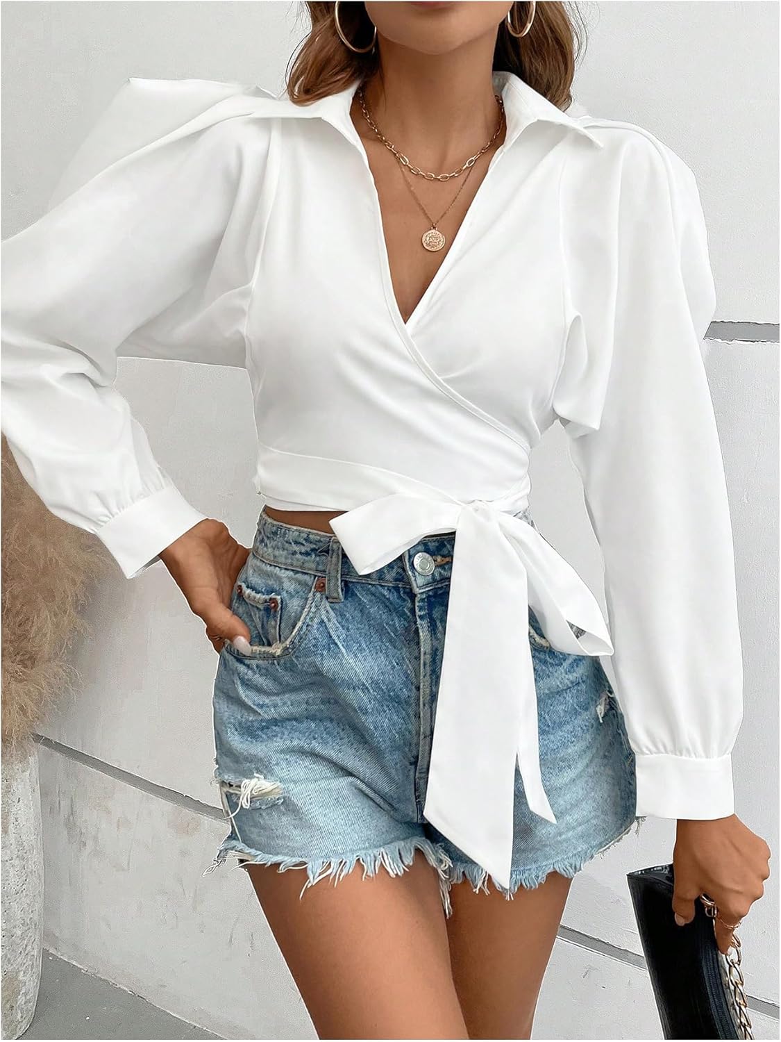 SweatyRocks Women's Wrap Crop Blouse Collared V Neck Puff Long Sleeve Knot Side Tops Work Business Shirt - Image 4