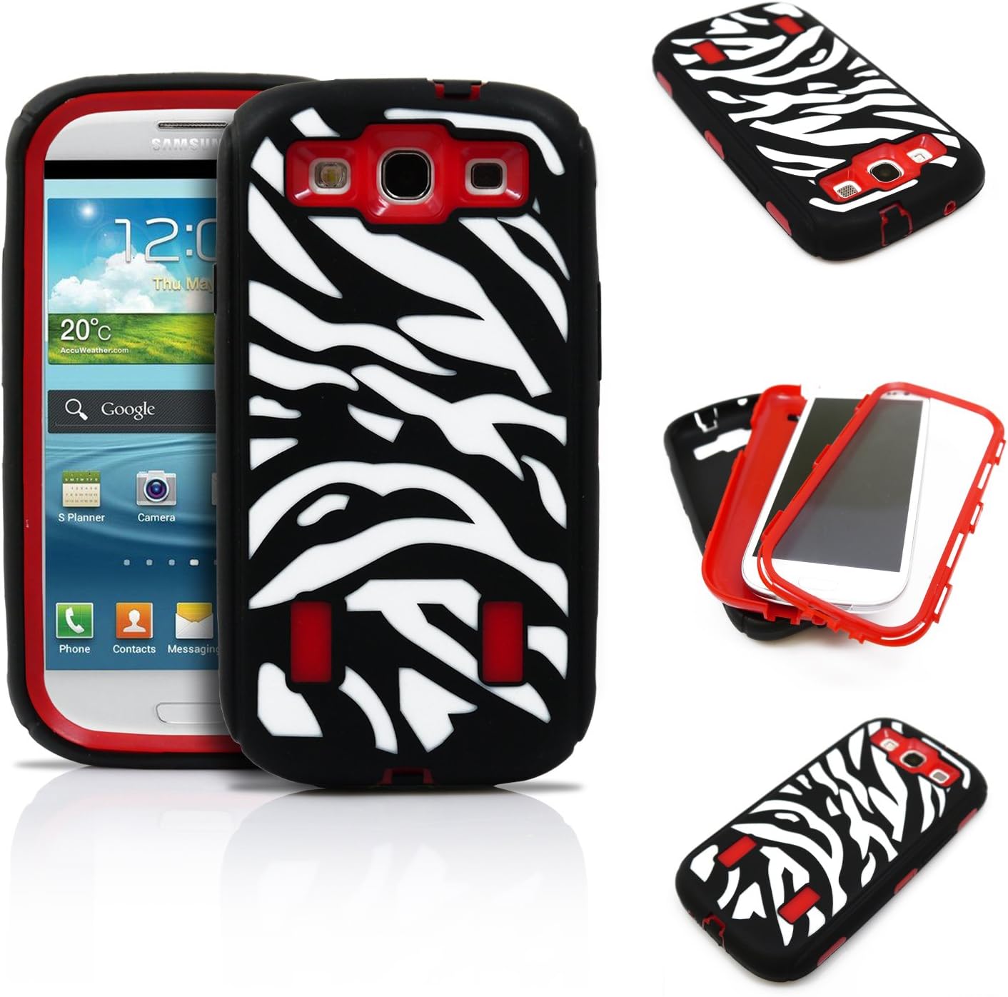 Galaxy S3 Case, MagicMobile® Dual Hard Heavy-Duty Plastic Protective Case for Samsung Galaxy S3 / I9300 Hybrid White and Black [Zebra-Pattern] Rugged Silicone Armor Impact Shockproof Cover [Blood Red]
