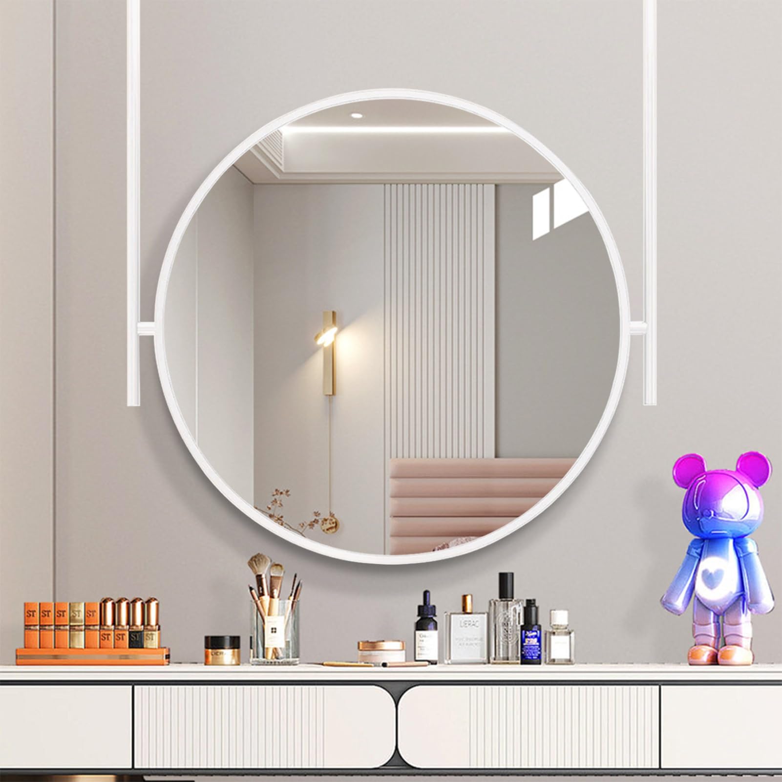 Miroir décoratif de plafond rond Ø40 cm avec cadre en métal noir pour entrée et chambre