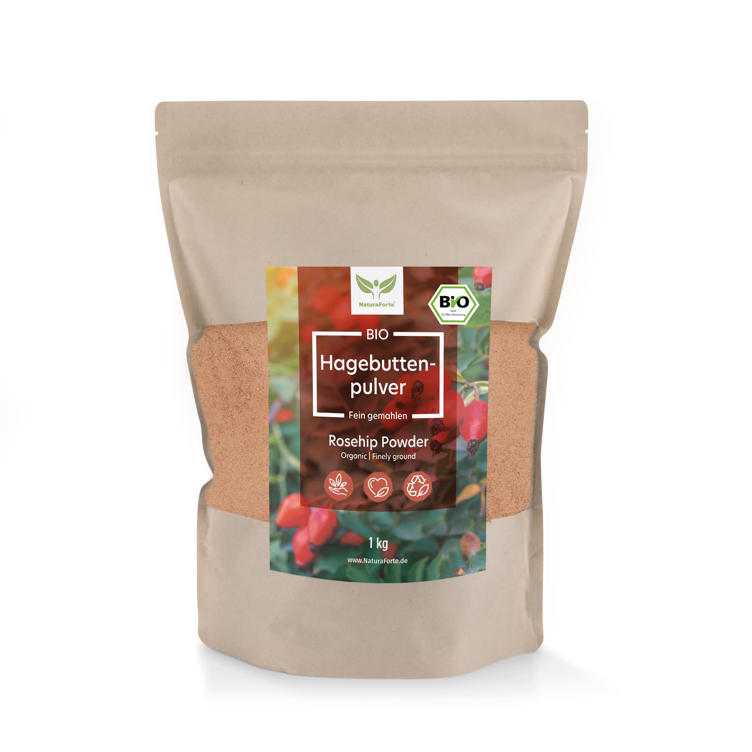 NaturaForte Bio Hagebuttenpulver 1kg – Natürliche Rohkostqualität für Vegane – ohne künstliche Zusätze EU Organic  
Natu