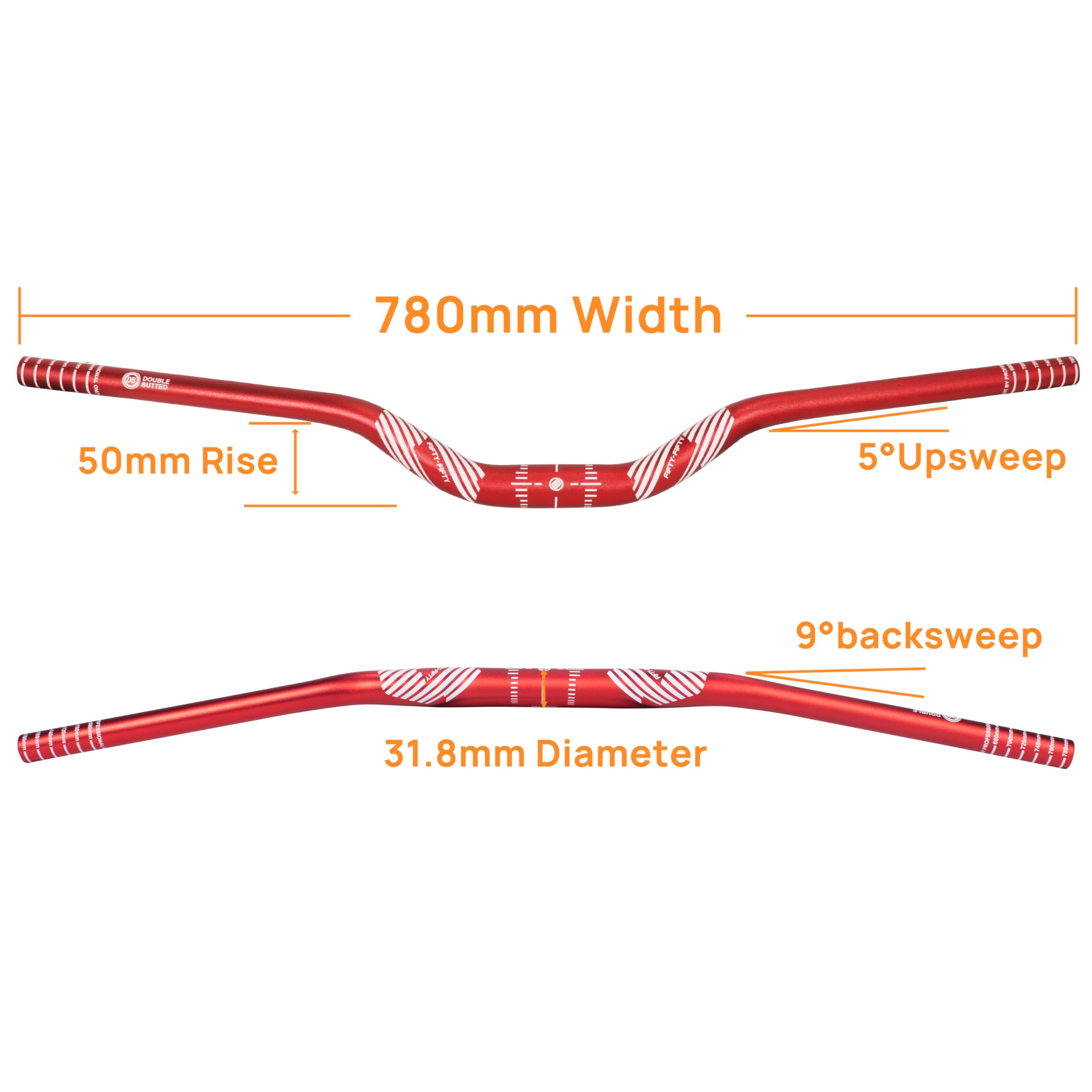 FIFTY-FIFTY, manubrio MTB 31,8 Riser, manubrio in lega di alluminio, manubrio per mountain bike da 31,8 mm di diametro 780 mm di larghezza (Rosso, 50 mm di rialzo)