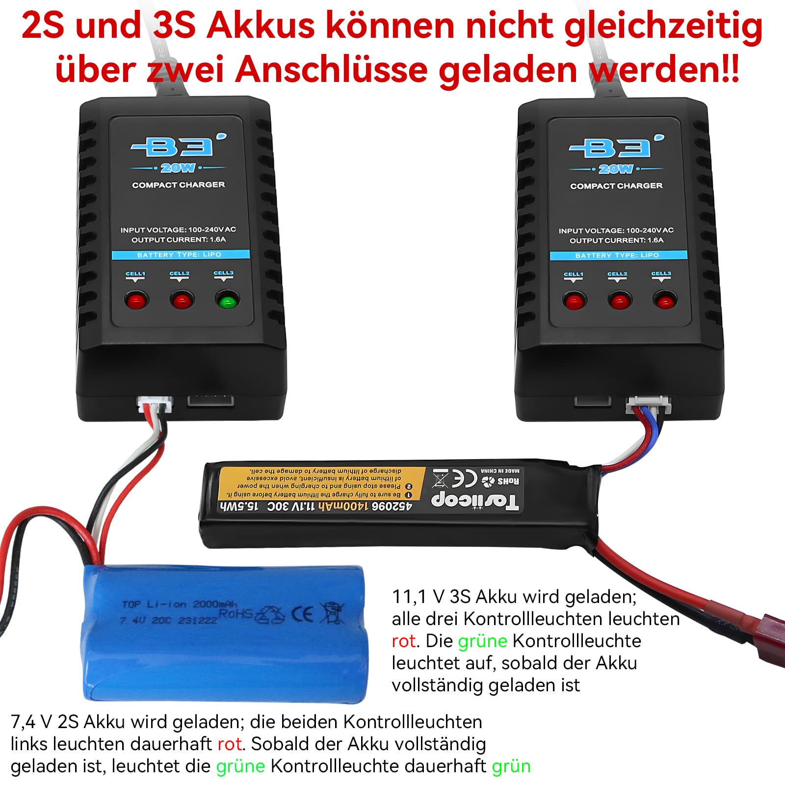 Lipo B3 Charger 20W 1.6A for 2S 3S Batteries (7.4V, 11.1Volt) RC Car Balancer Charger with XH3P and XH4P Plug for RC Car Boat Airplane Monstertruck Quadcopter Airsoft - 4