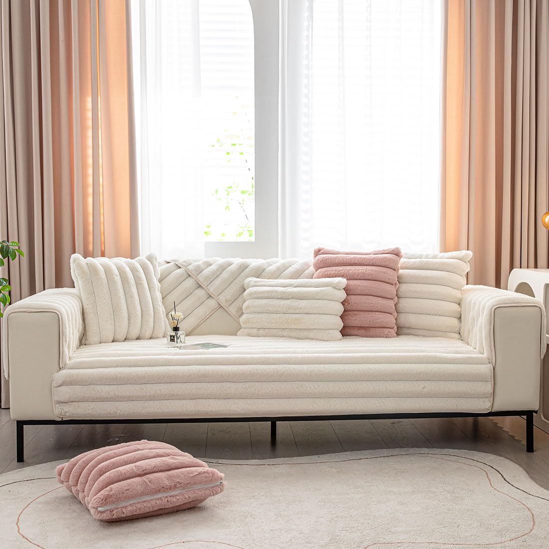 vctops 3D Striped Faux Fur Couch Cover Thick Warm Soft Sofa Cover Non Slip Fuzzy Plush Furry Sofa Slipcovers Shaggy Cozy Washable Furniture Protector for Pets, Kids (Cream,28