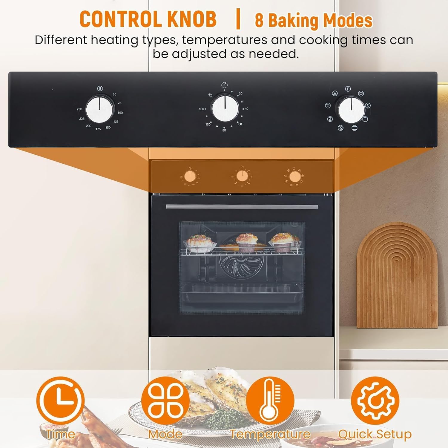 24 Inch Built-In Electric Single Wall Oven - 3D Convection, 8 Cooking Functions, 2.5 Cu.Ft Capacity, Stainless Steel, Mechanical Knob Controls, Safety Lock,fot Quick Cleaning, 3000W (Black)