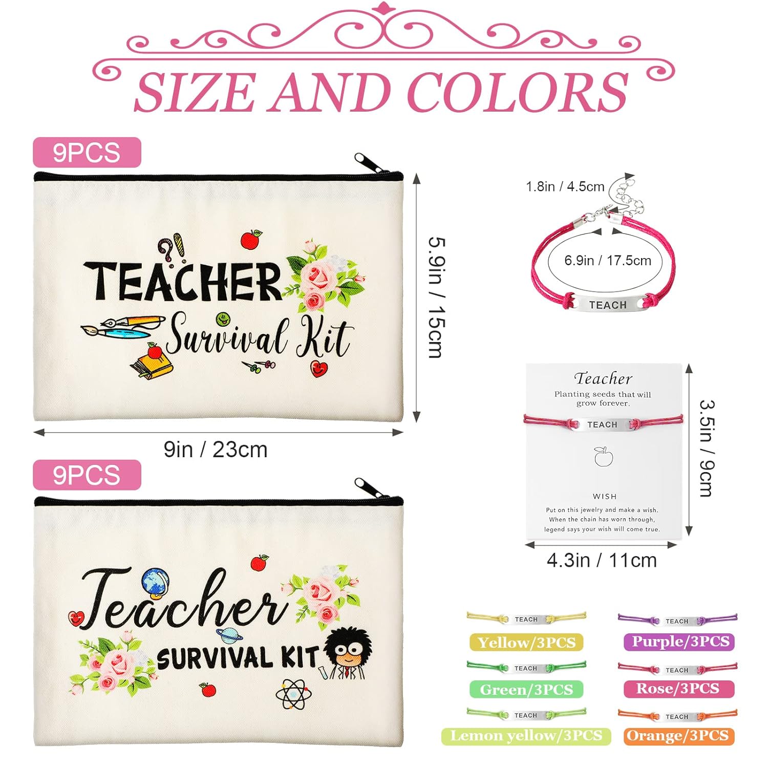 Frienda 36 Pieces Teacher Appreciation Present Set, 18 Survival Kit Makeup Pouch Bag Pencil Bag, 18 Teacher Blessing Card Bracelet, Cosmetic Bag Kit for Teacher's Day, Elegant Style, 9.1 x 5.9 Inch