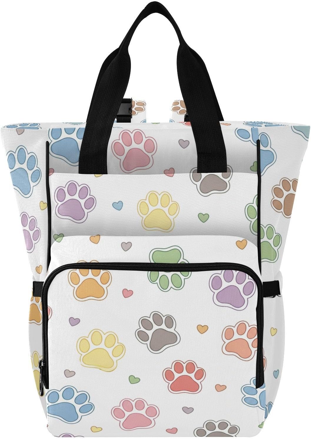 Colorful Paw Hearts White Pattern Diaper Bag Backpack for Baby Boys Girls Multifunction Baby Essentials Travel Tote with Stroller Straps & Bottle Storage Maternity Travel Bag for Dads Moms Baby