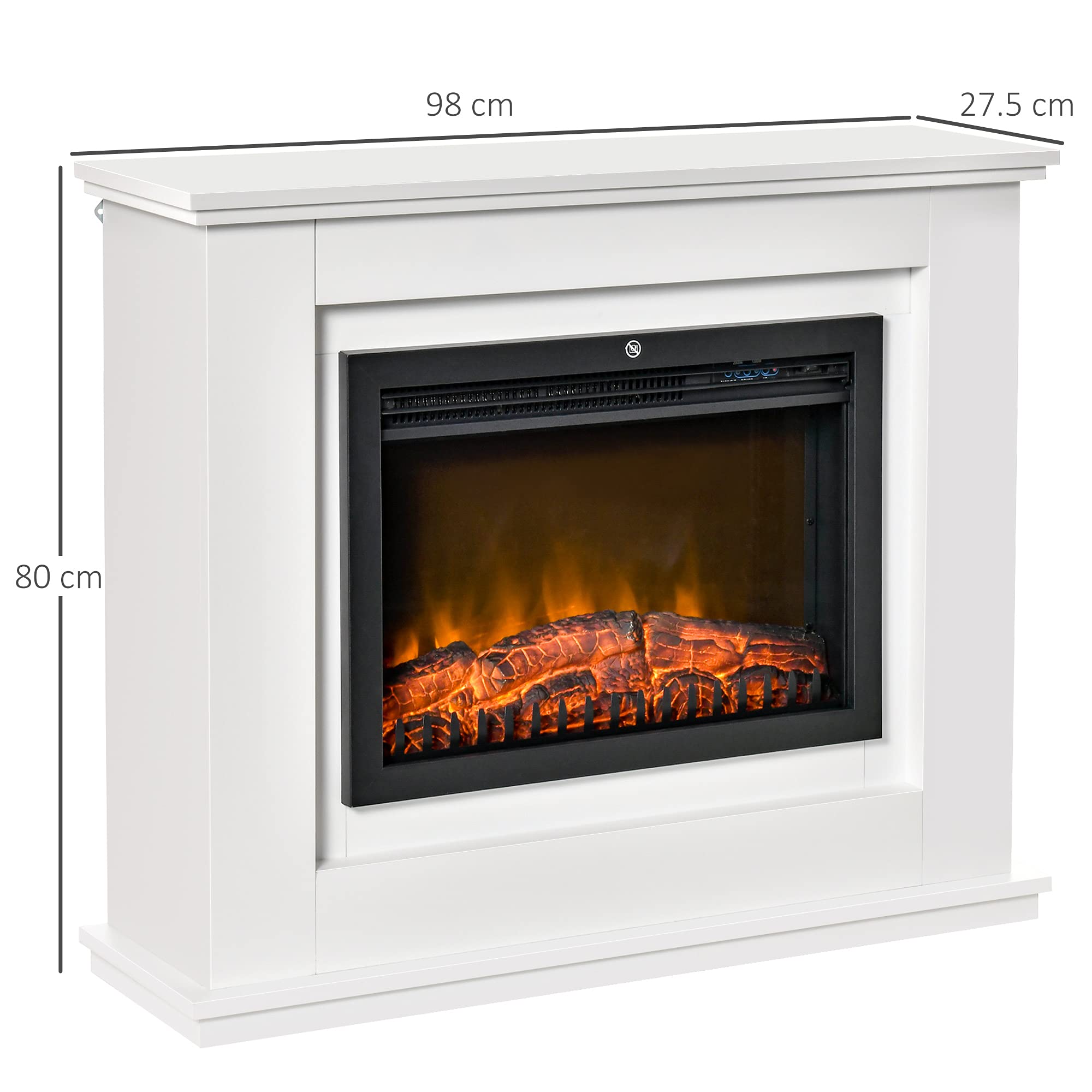 HOMCOM Camino Elettrico Effetto Fiamma Realistico 98x27.5x80cm Bianco | Cornice in Legno, Caminetto Elettrico, Termostato, Protezione da Surriscaldamento, Timer e Telecomando, 1000W e 2000W