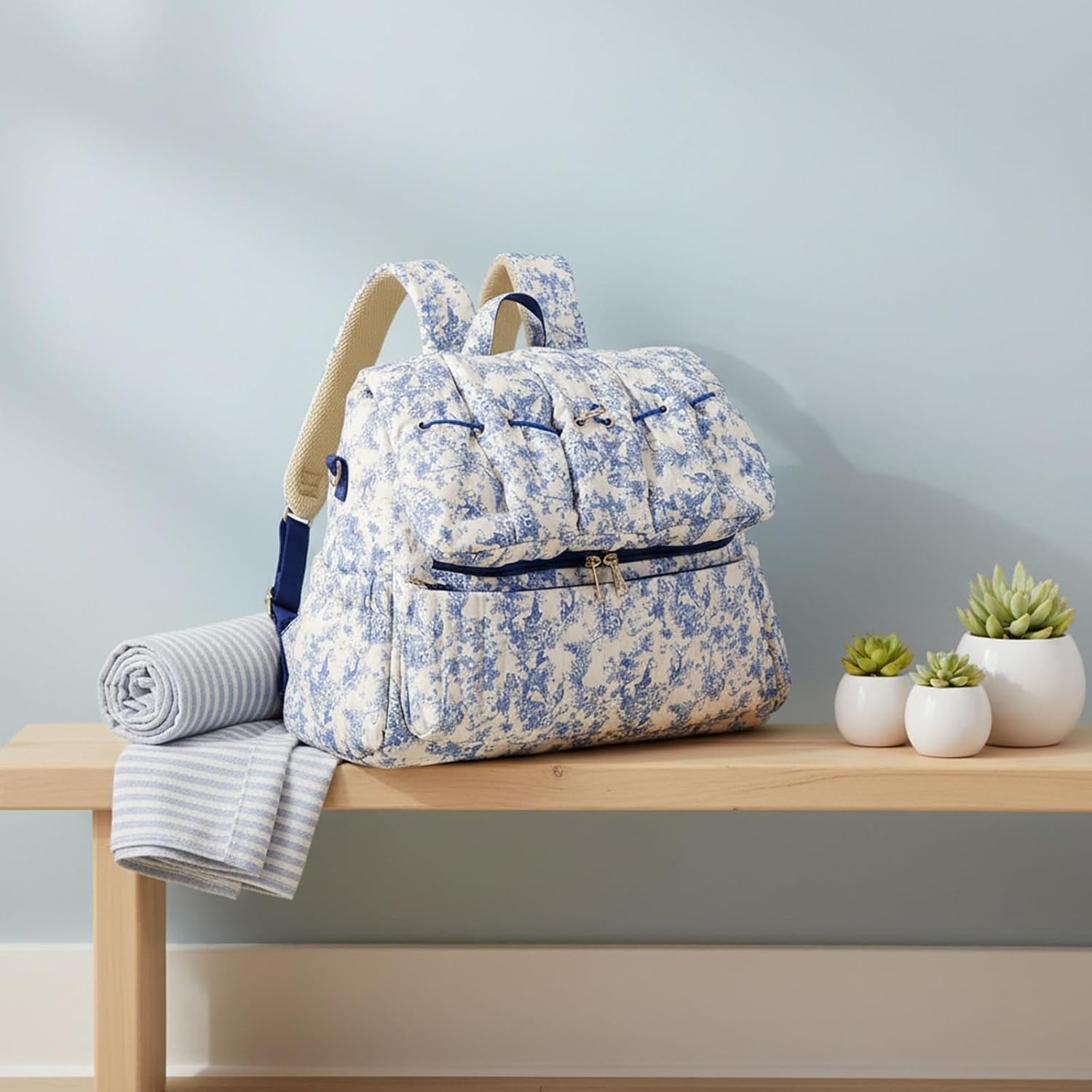 Lushandy Quilted Diaper Bag Backpack, Vintage Floral Puffer Diaper Backpack Large Baby Travel Bag Mom Hospital Bag