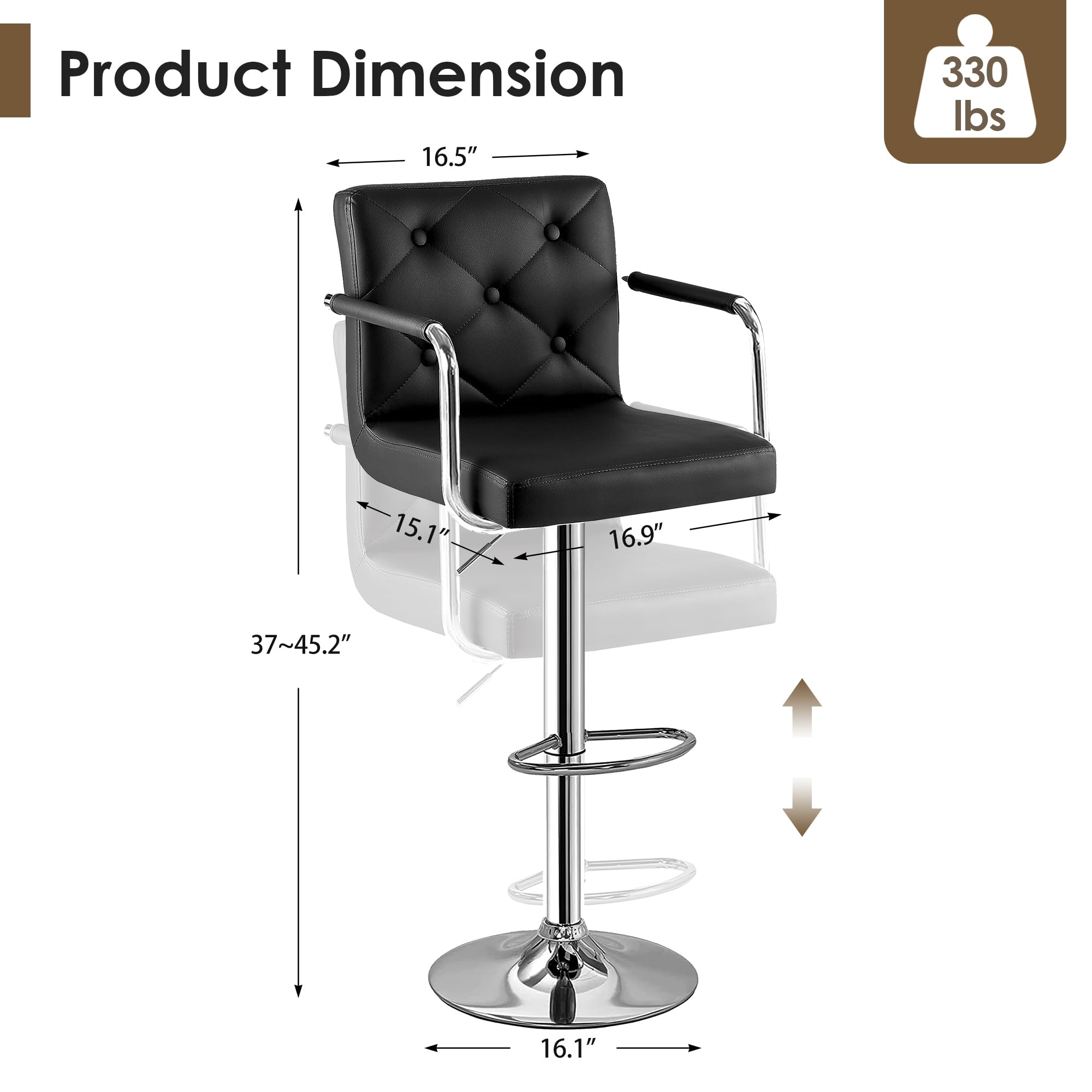 Taburetes de bar, taburetes de bar ajustables, juego de 2, taburete de bar de altura de mostrador con respaldo y brazos, sillas de bar giratorias de piel sintética para cocina/isla, color negro 2