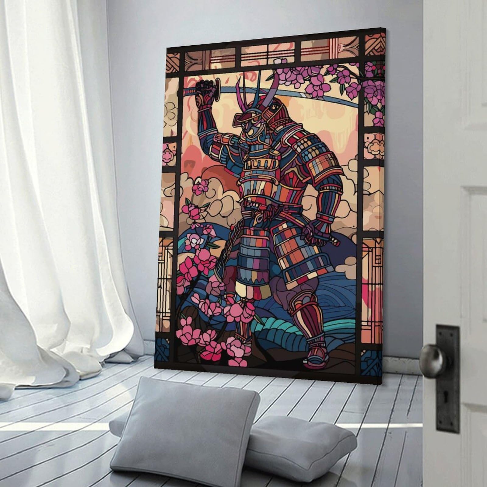 Junmoney Home Decor Wall Art Samurai Warrior with Cherry Blossoms, 20x30inch(50x75cm), for Workspace Walls, Study Corners Or Bedrooms, A Smart Decor Choice for Study Walls