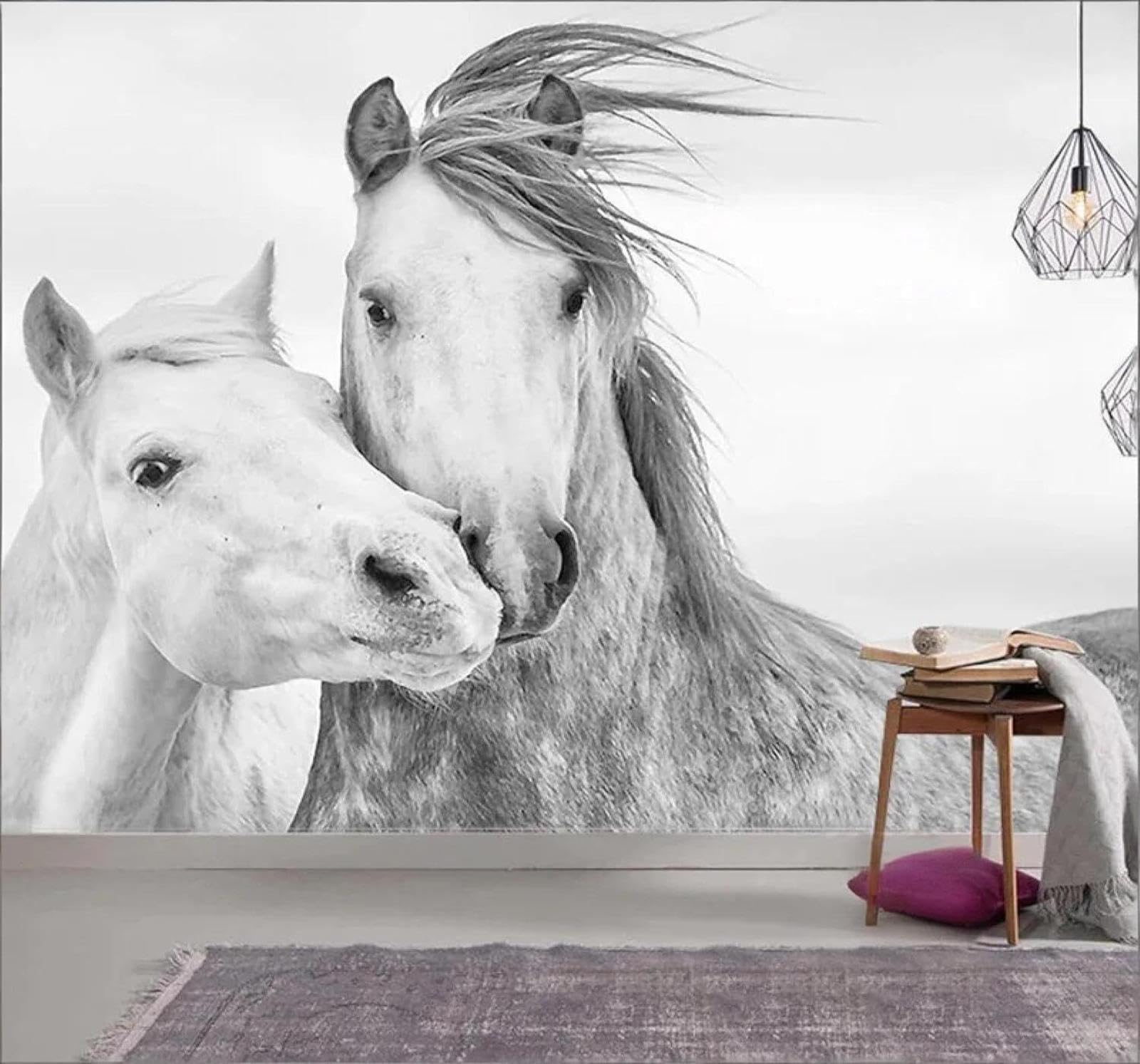 XLMING Minimalist Hand Drawn Cosy Couple White Horse 3D Wallpaper Luxury Silk Study Dining Feature Sofa Grey Bedroom Living Room Tv Decorative Wall-150cm×105cm