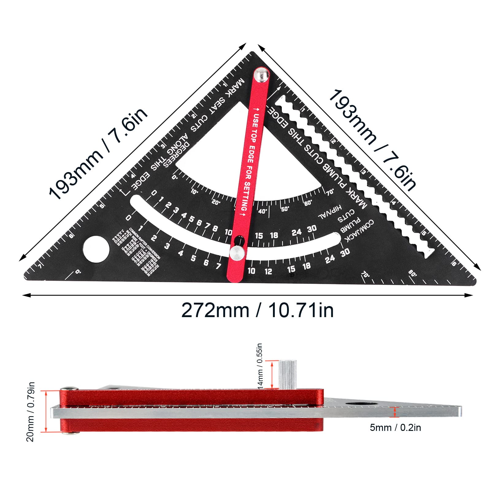 Escuadra de Carpintero, escuadra para Vigas de aleación de Aluminio de 7 Pulgadas, Regla Triangular de carpintería con goniómetro.