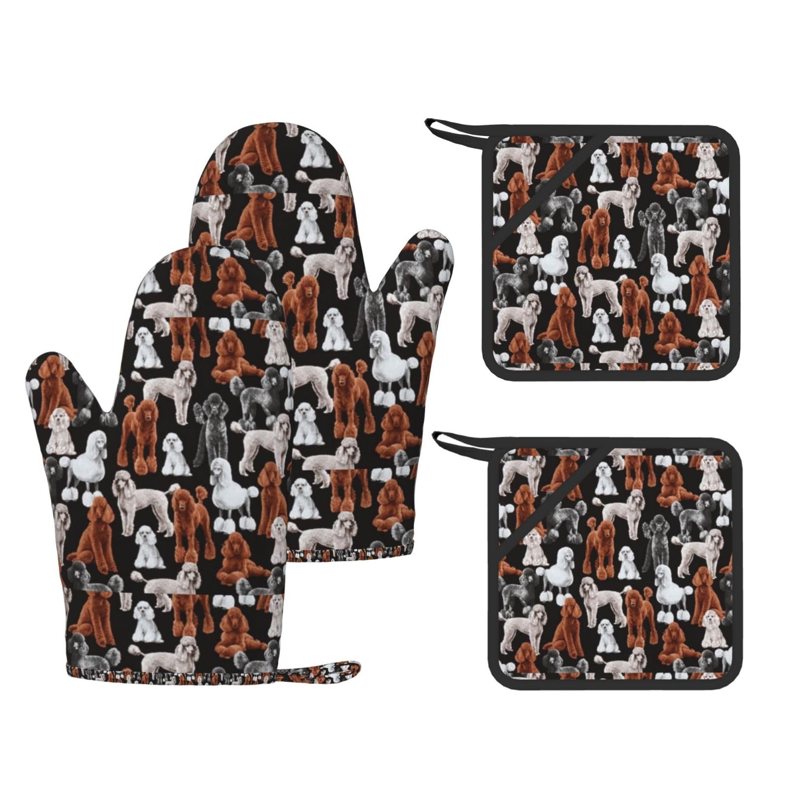 Ensemble de Quatre Gants et maniques résistants à la Chaleur, Gants de Cuisine antidérapants, maniques de Four, Motif Caniche Noir