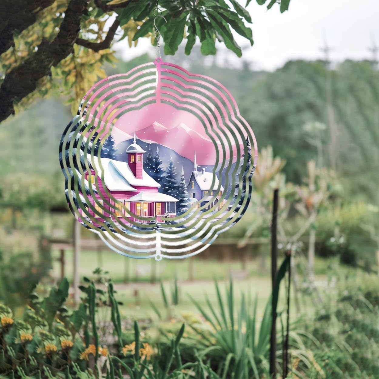 Pink Farmhouse Merry Christmas Wind Spinners 3D Stainless Steel Laser Cut Metal Double Sided Printing-Hanging Indoor/Outdoor Decorations Yard Gardening Decor,Metal Kinetic Art 14x14 inches