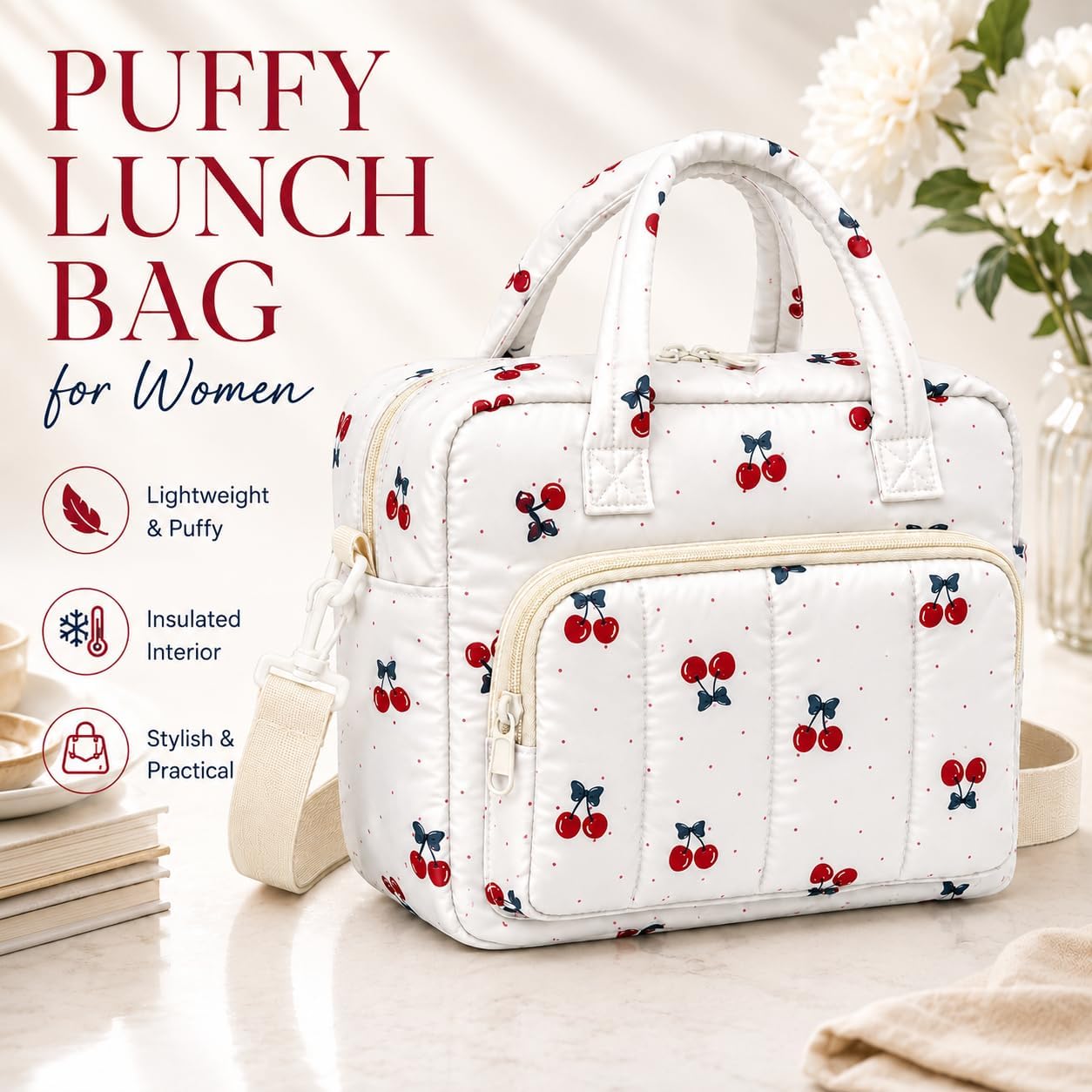 Aesthetic Quilted Puffer Lunch Bag for Women, Large Insulated Lunch Tote with Shoulder Strap, Floral Lunch Box for Office, Work, Picnic and Daily Travel (Cherry) image 3