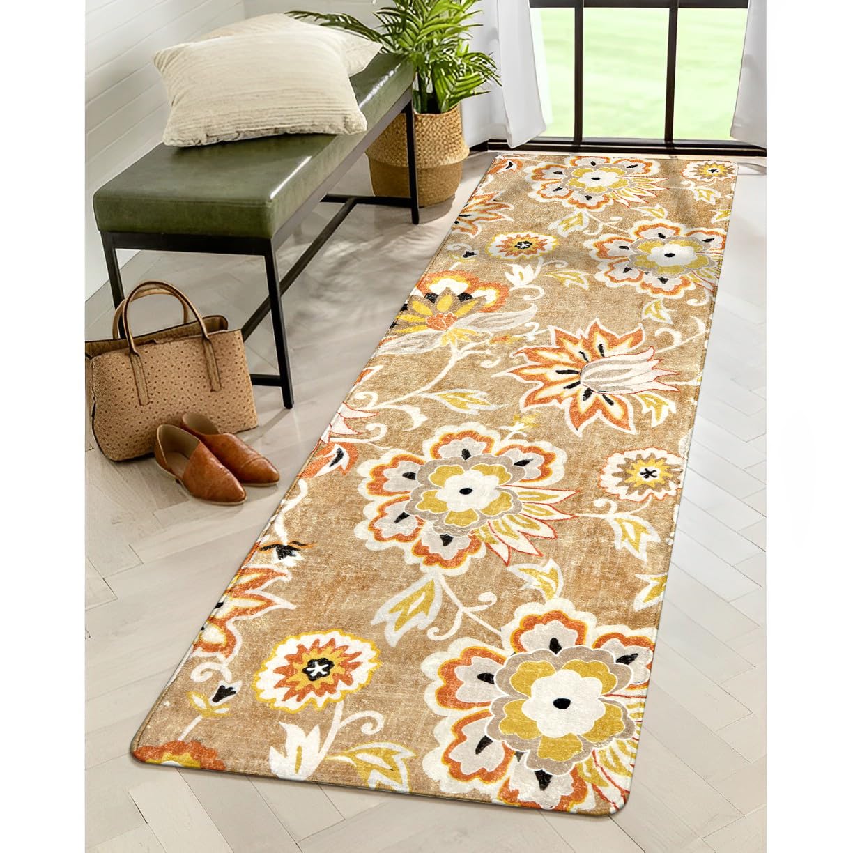 Lahome Floral Runners Rugs for Hallways - 2x6 Washable Non-Slip Kithcen Runner Rug Throw Soft Lightweight Bedroom Rug, Tan Paisley Print Modern Indoor Carpet Runner for Bathroom Laundry Room Entrance