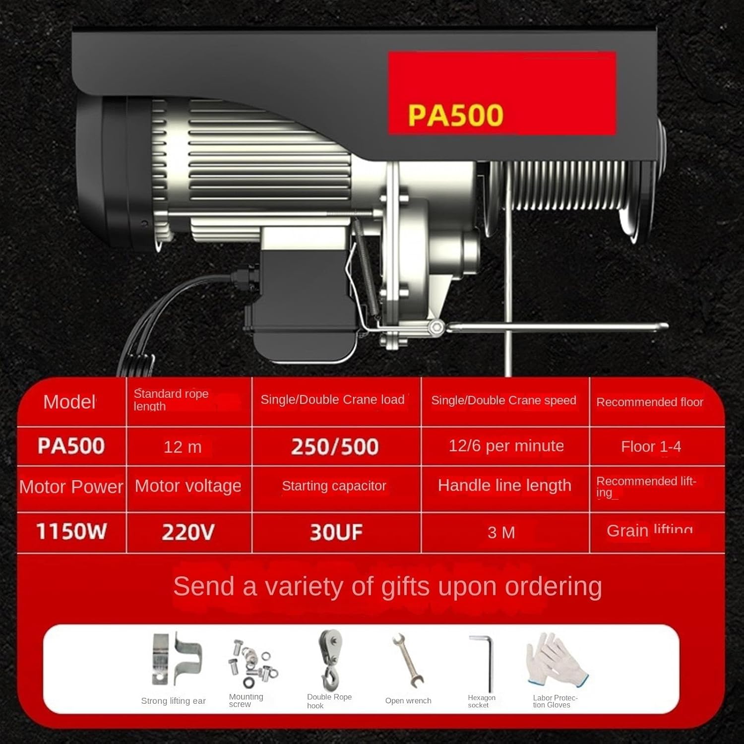 Table of specifications for OUZVI PA500 electric hoist