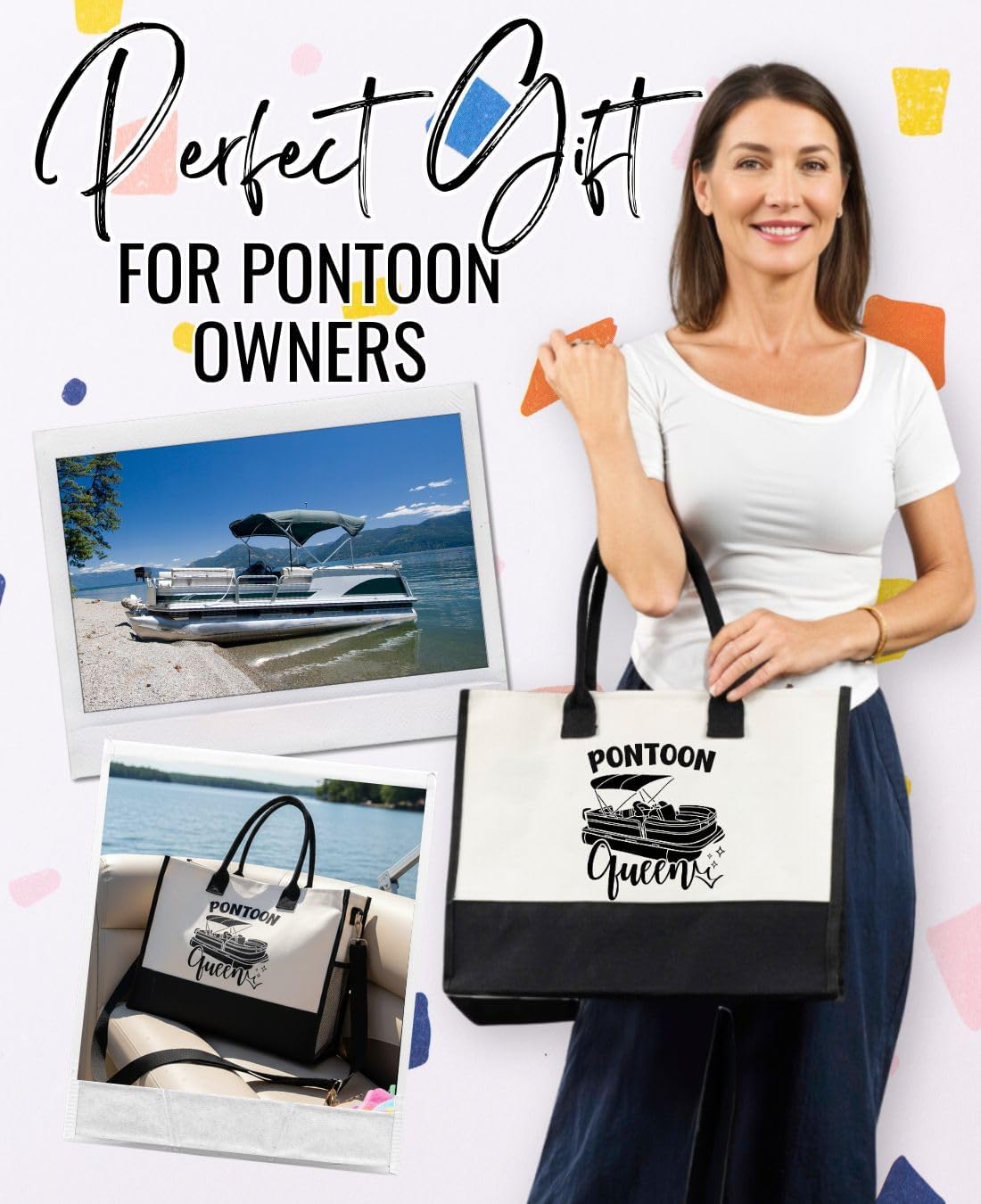 InnoBeta Pontoon Boat Gifts for Owners & Lovers, Pontoon Queen Gifts for Women, Canvas Tote Bag with Top Zipper Closure and Shoulder Strap for Birthday, Mother's Day, Christmas