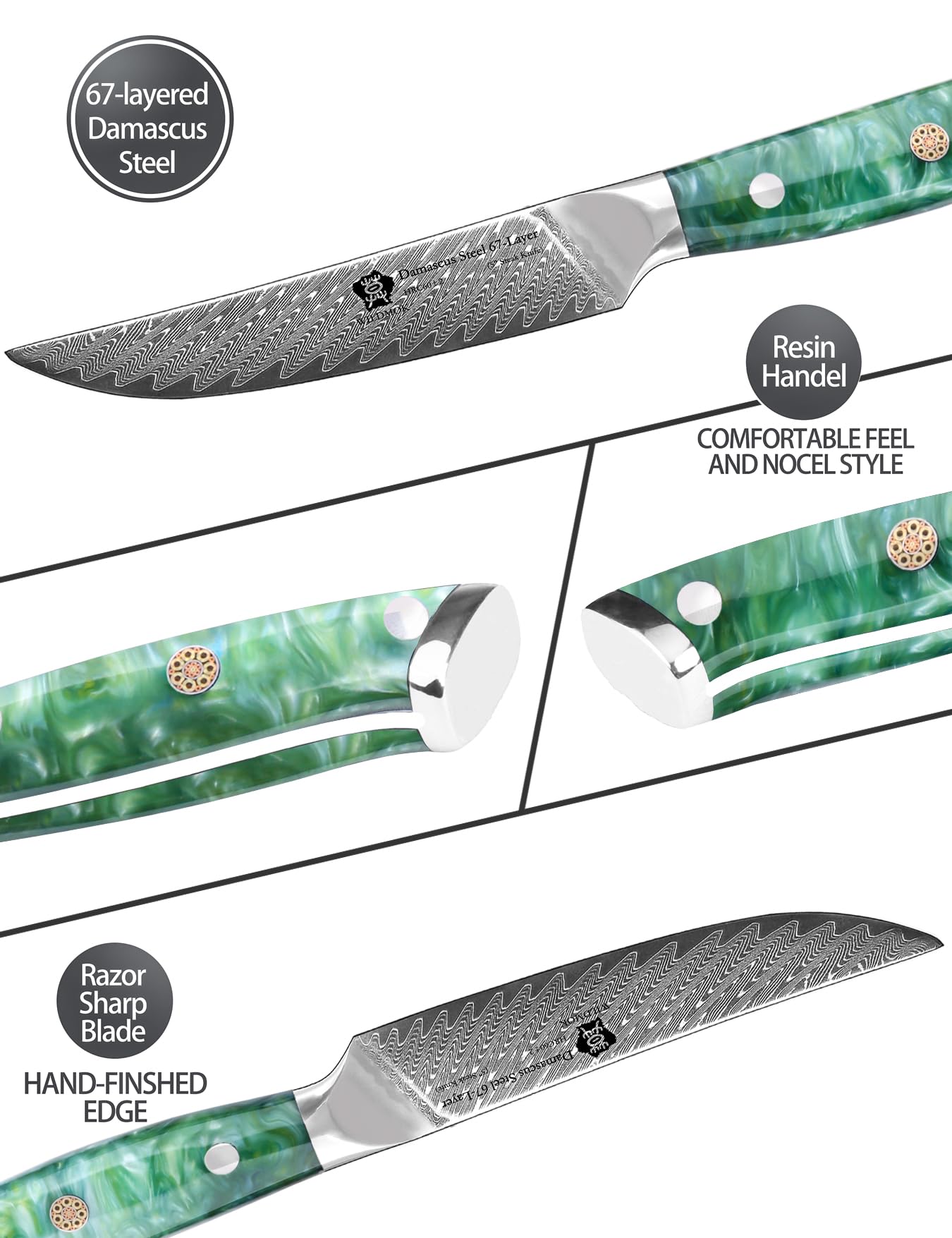 WILDMOK Steakmesser, 13cm nicht gezahnt, Steakmesser-Set mit 4 Stück, Steakmesser aus japanischem Damaststahl VG10, Premium-Steakmesser-Set mit Geschenkbox