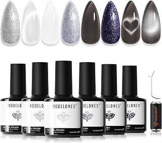 modelones Gel Nail Polish Set with French Tip and heart cat eye magnet, 6 Colors Jelly Sheer Black White Cat Eye Silver Blue Purple Glitter Gel Polish Kit Soak Off UV Salon DIY at Home Gift for Women