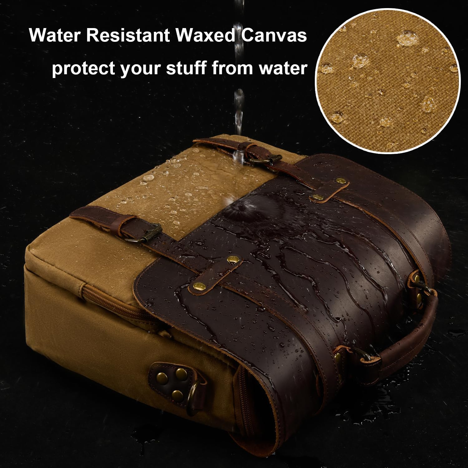 Mens Messenger Bag Waxed Canvas Laptop Briefcase 16“ Vintage Genuine Leather Crossbody Bags Waterproof Satchel Shoulder Bag - Image 4