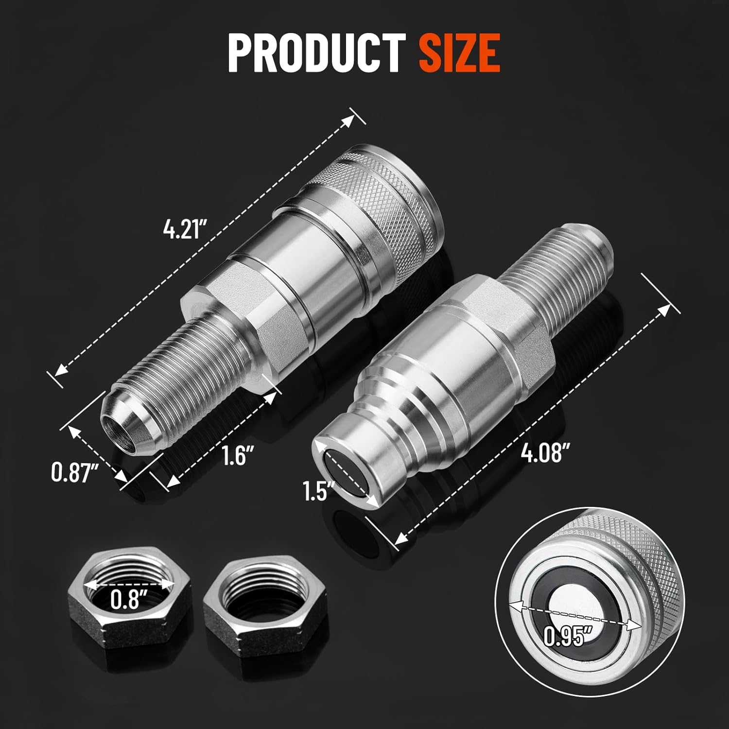 1/2" Flat Face ISO 16028 Hydraulic Quick Connect Couplers, 5/8" (#10) JIC Bulkhead Thread, Heavy Duty Hydraulic Coupling with Dust Cap Compatible with Bobcat, Case, Skid Steer Loader