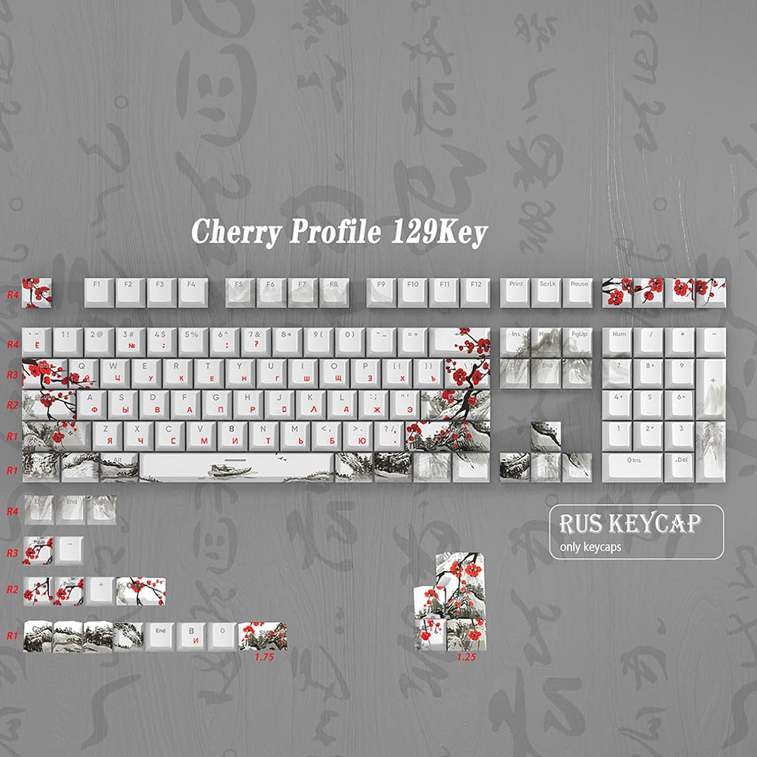 Keycaps Plum Blossom Keycaps 129Keys PBT DyeSublimation Russian Korean Japanese English For Mechanical Keyboards Dyesublimation Keycaps Russian English Russian Korean Japanese Keycaps