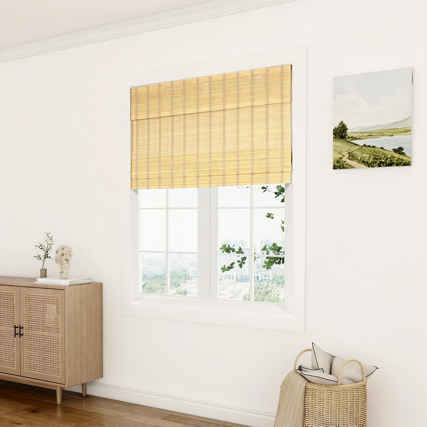 Custom Cordless Bamboo Roman Shades with Valance, Blinds for Indoor Windows and Doors, Blackout/Light Filtering Pull Down Bamboo Blinds for Interior Windows, Natural