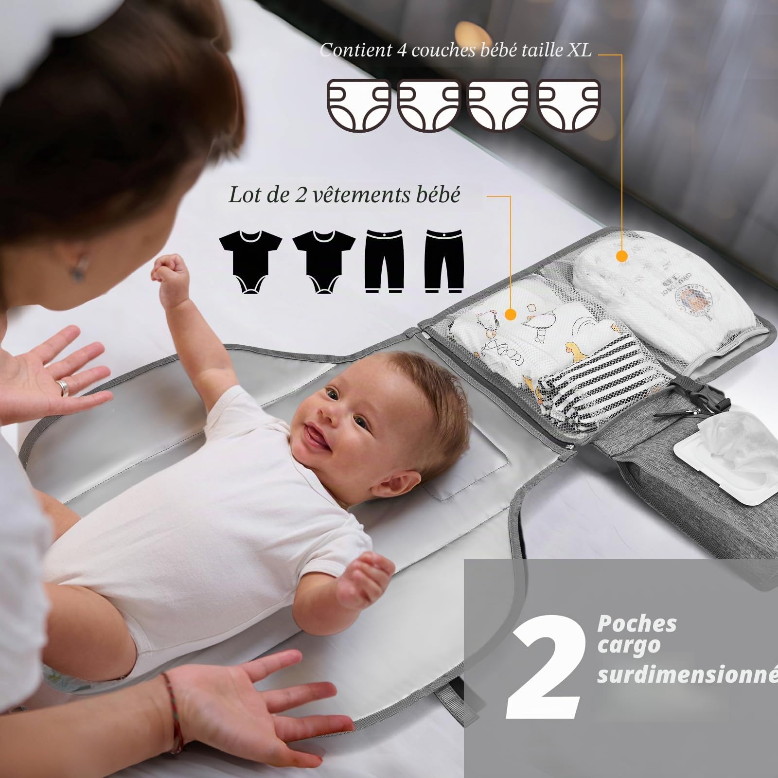 Matelas à langer portable - Matelas à langer de voyage avec poche et coussin de tête - Imperméable - Gris