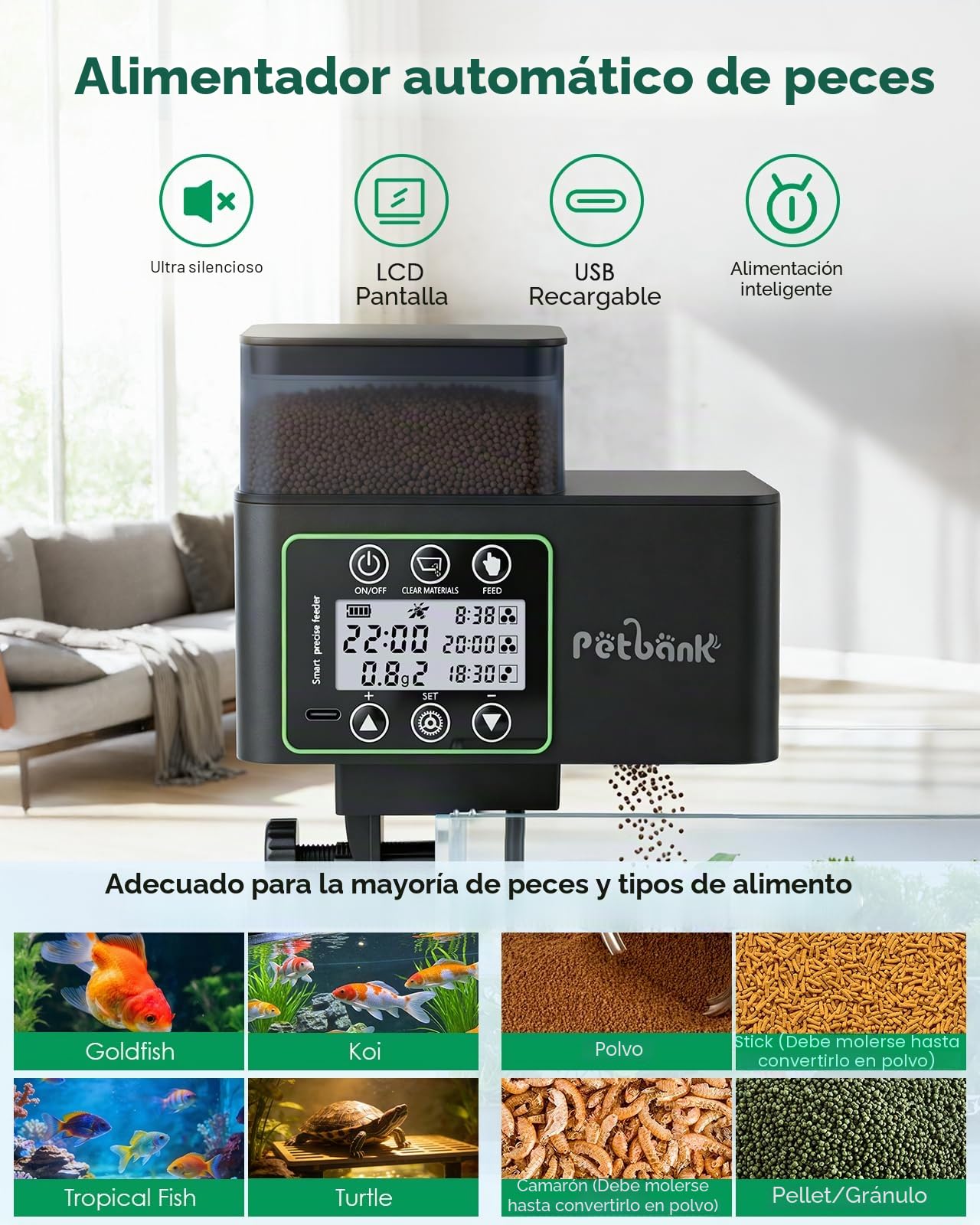 Comedero Automático para Peces - 230/510 ML Ajustable Temporizador para Acuario con Precisión 0.1-2g, Alerta de Falta de Comida, Limpieza Fácil, Antihumedad, Pantalla LCD, USB Recargable