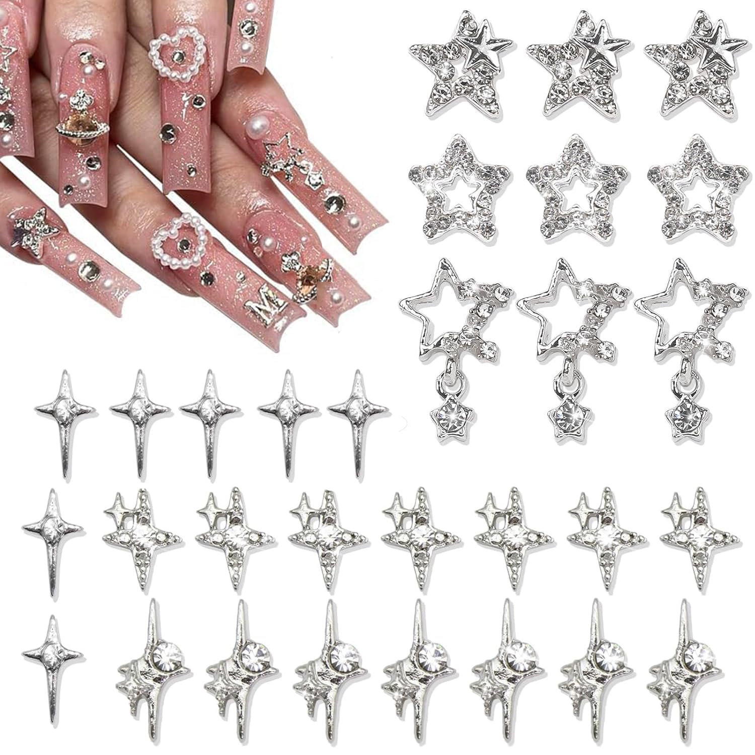 30PCS Silver Star Nail Charms,3D Stars Nail Gems Starlight Nail Jewelry Y2K Charms for Acrylic Nails Decoration Metal Nail Supplies for Women and