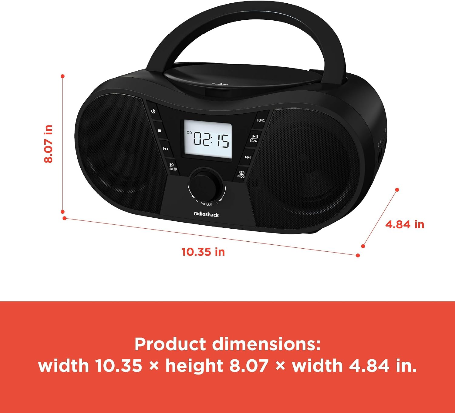 Image showing the dimensions of the boombox: width 10.35 inches, height 8.07 inches, depth 4.84 inches.