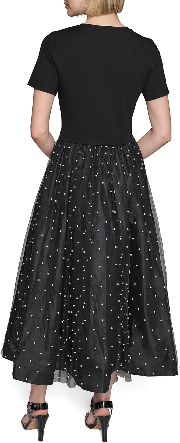 KARL LAGERFELD Womens Pearl Mesh Short Sleeve Round Neck Midi Dress - Image 4